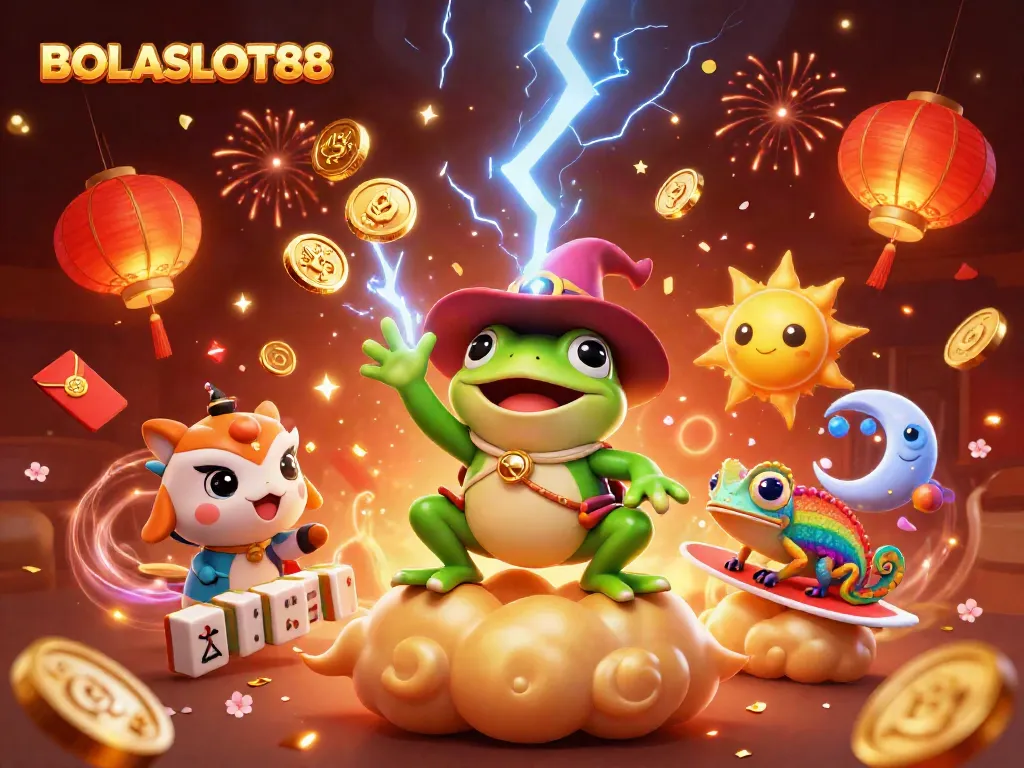 BOLASLOT88 showcases a 3D wizard frog and chameleon amidst a celebration of golden coins and festive decorations