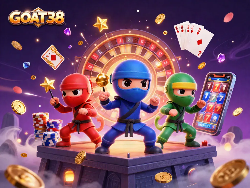 Engage in thrilling casino action with GOAT38's colorful characters in a dynamic gaming scene.