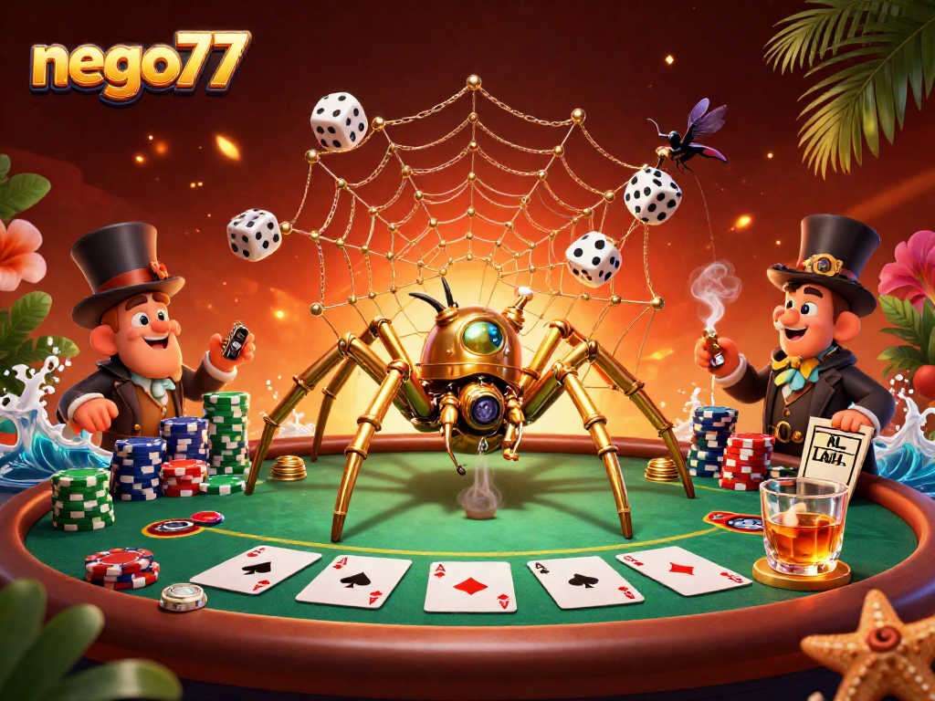 Nego77 offers an exciting mix of gambling with a golden spider theme featuring poker elements.