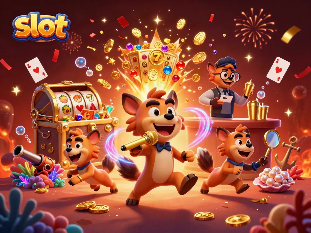 Hyenas entertain in a vibrant casino scene, showcasing exciting slot elements and dynamic characters.