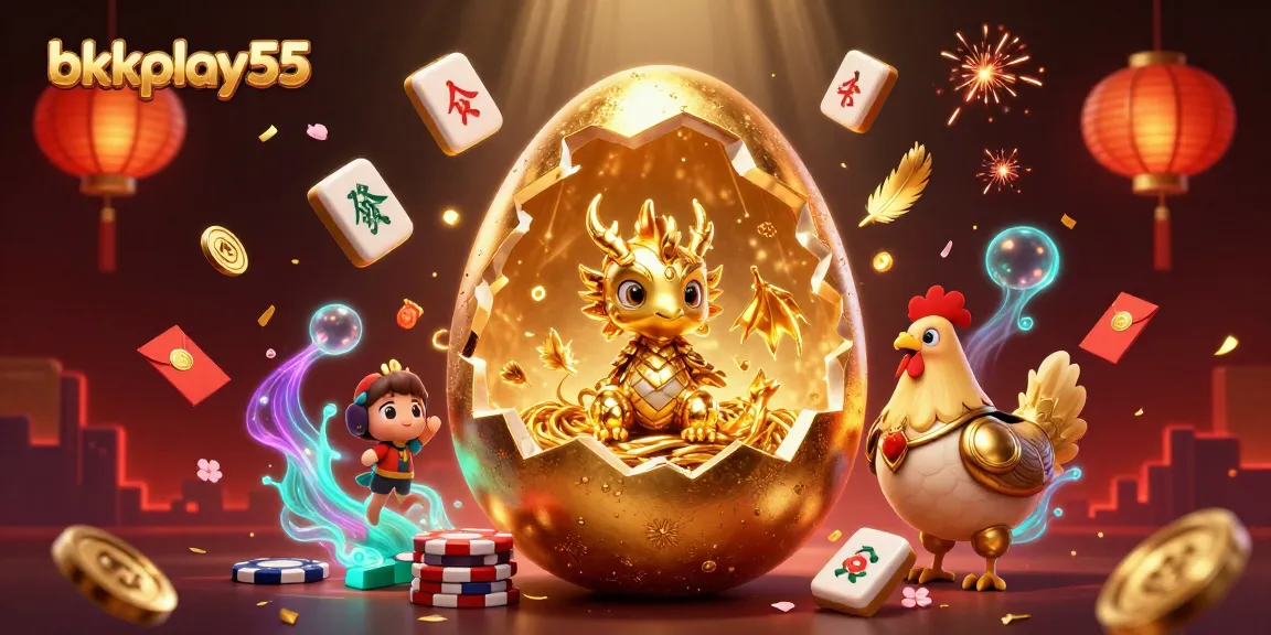 Experience thrilling gaming adventures at bkkplay55 with a dazzling golden dragon and poker chips.