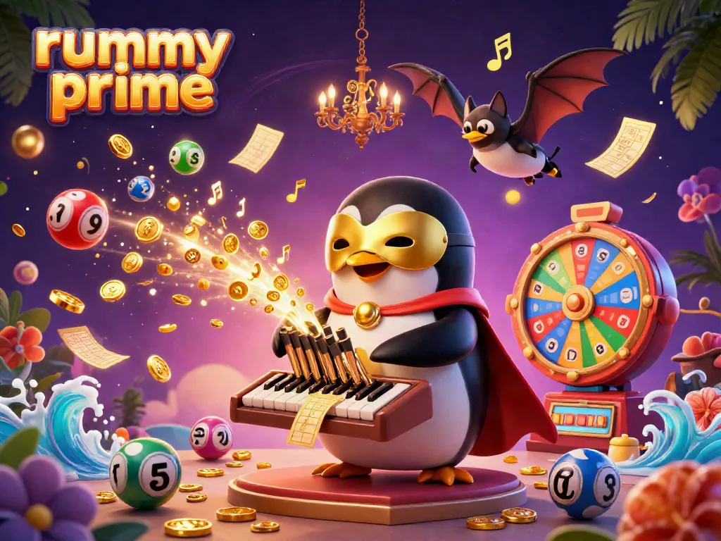 Experience rummy prime with a unique 3D cartoon scene featuring vibrant gambling elements and characters.