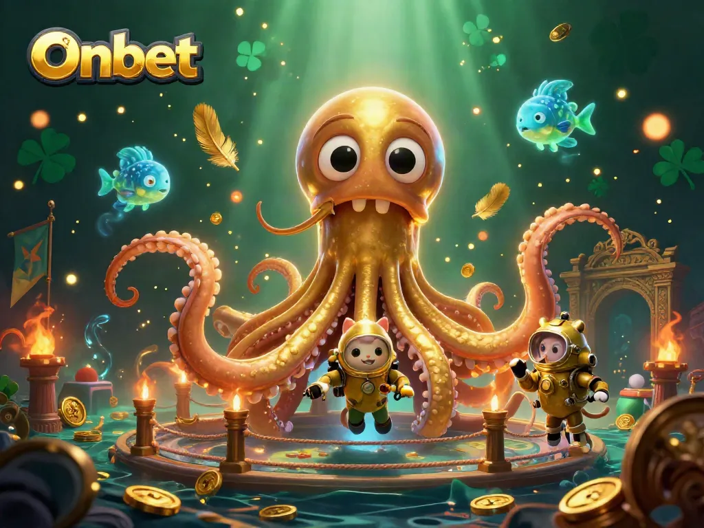 Engage with Onbet's thrilling gaming experience featuring a kraken and diving cat in an action-packed casino world.