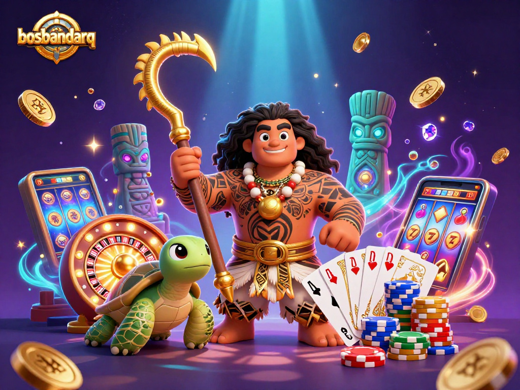 Experience winning with bosbandarq in a vibrant 3D casino scene featuring lively characters and game elements.