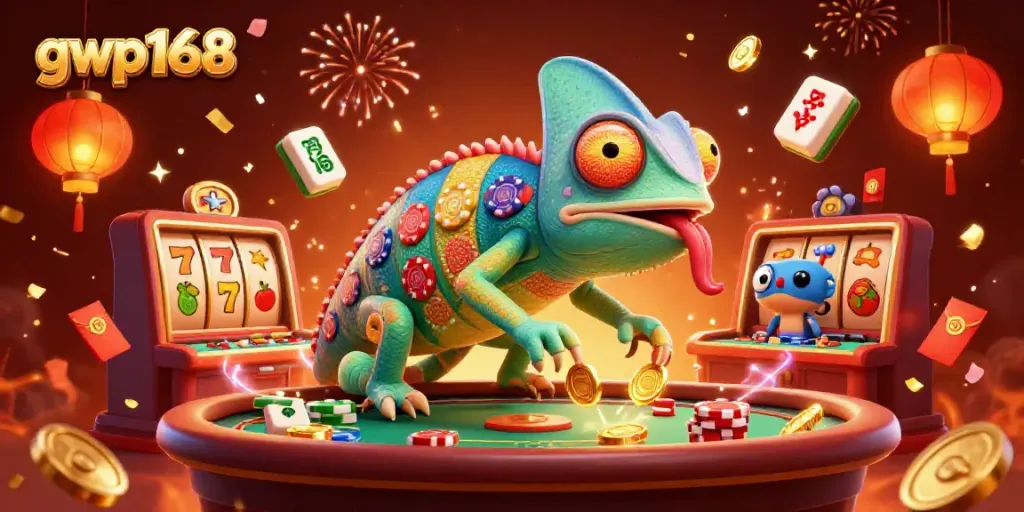 Permainan slot dan interaksi yang menawan di gwp168, ilustrasi kasino yang penuh warna.