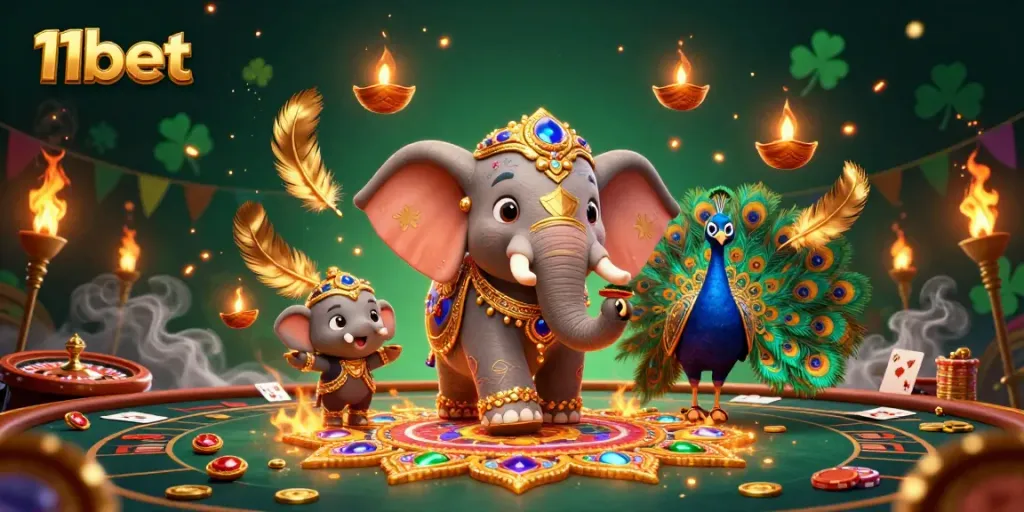 Engage in thrilling games at 11bet with vibrant casino elements and festive characters.