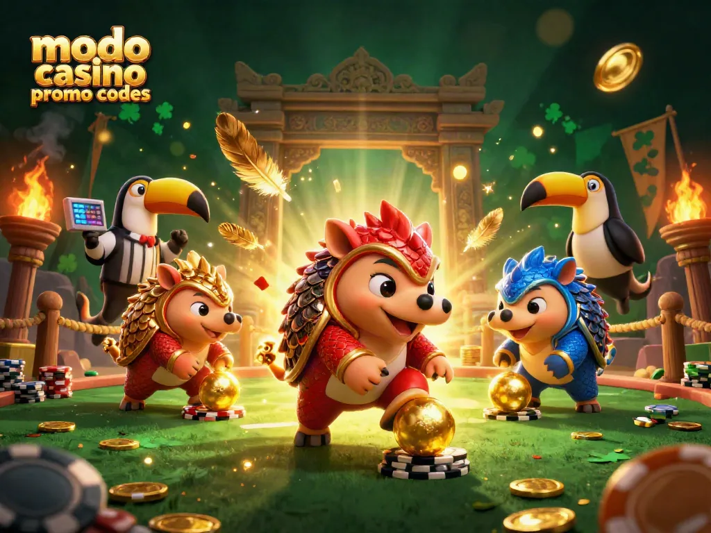 Experience the excitement of modo casino promo codes with vibrant pangolins amidst poker chips and golden coins.