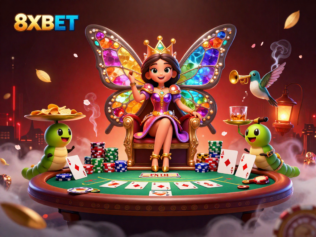 Experience the thrill of 8XBET with colorful characters and poker-themed elements in a vibrant digital illustration.