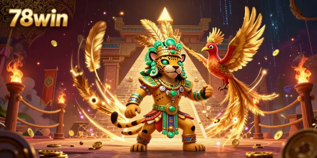 Spin to win at 78win with a vibrant 3D casino scene featuring a Mayan jaguar priest, golden coins, and dynamic game elements.