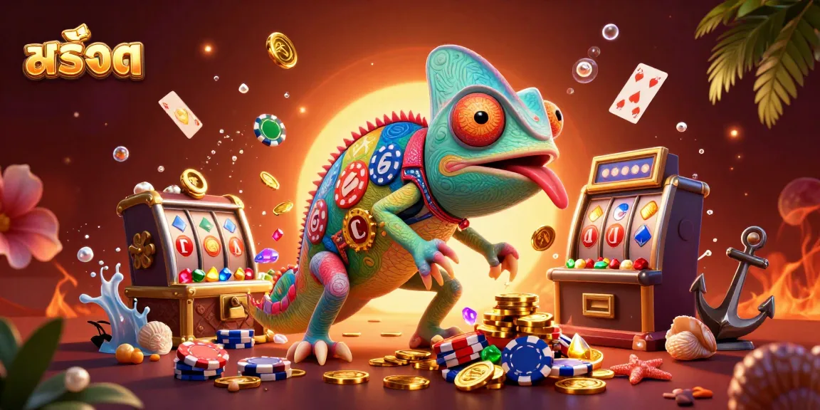 Experience thrilling 슬롯 action with a colorful chameleon owner amid cascading slot symbols and treasure!