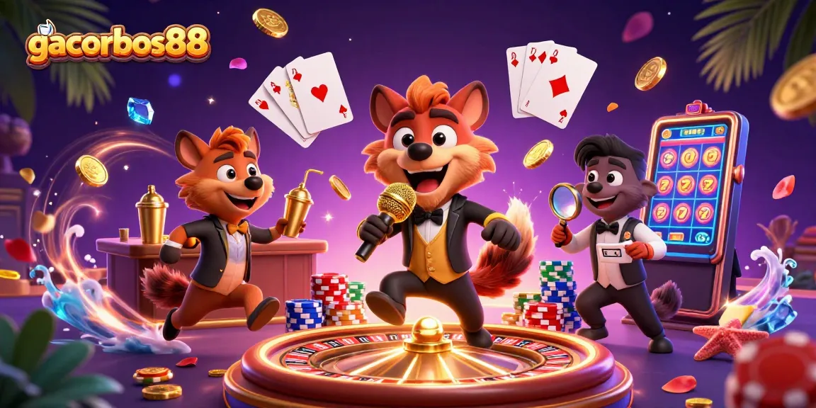 Experience the excitement at gacorbos88 with lively hyenas in a vibrant casino setting.