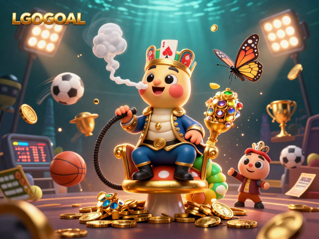Engage with LGOGOAL's vibrant 3D gambling scene featuring a caterpillar hookah-master and dynamic sports elements.