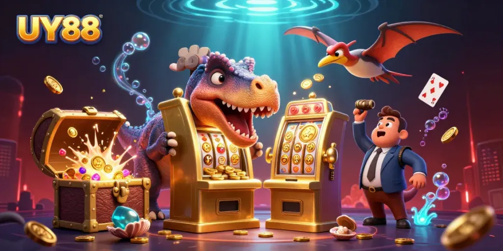 Experience UY88’s casino thrill as a 3D cartoon pachycephalosaurus heads for jackpot glory.
