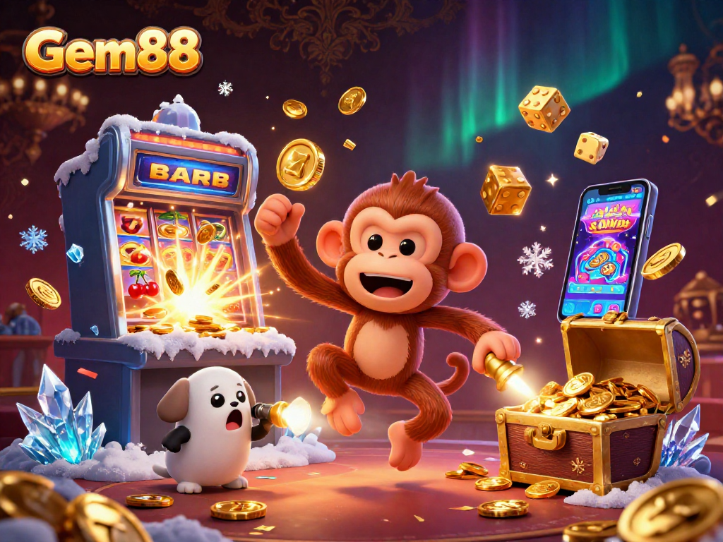 Engage in the excitement of Gem88 with a playful poltergeist monkey and golden treasures in a vibrant casino.