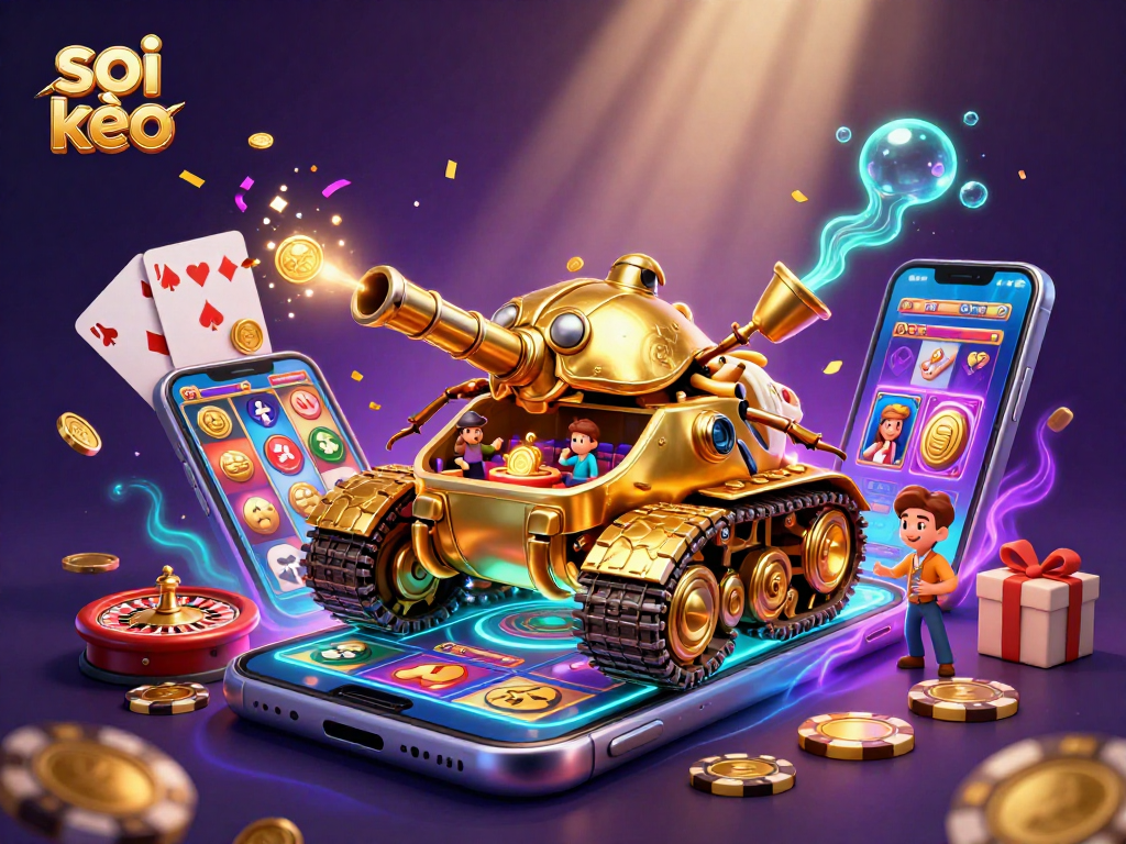 Experience soi kèo energy with a golden beetle casino tank amidst vibrant gambling elements.