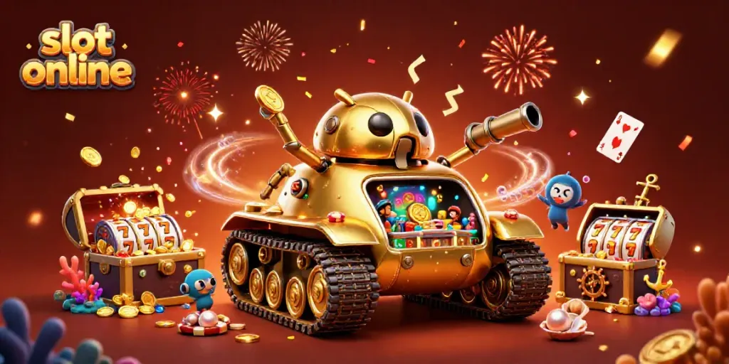 Experience the thrill of slot online in this vibrant 3D illustration with casino elements and celebratory effects.