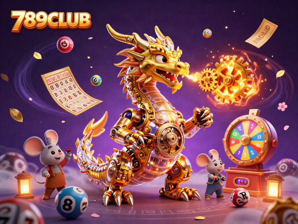 Experience the dynamic fun of 789CLUB with lottery balls and golden tickets in an animated casino scene.