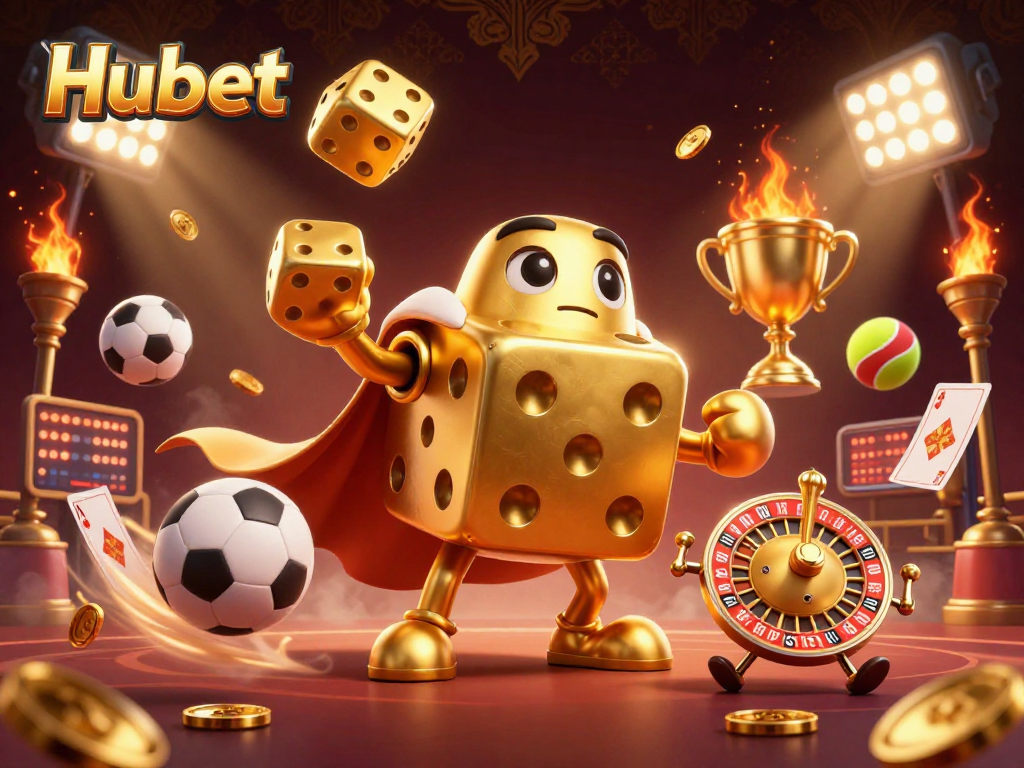 Hubet and powerful dice juggling excitement in a vibrant 3D casino scene.