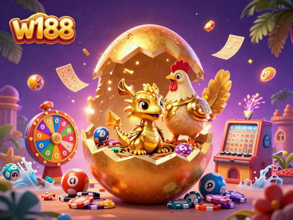 Experience thrilling wins at w188 with a baby dragon guarding poker chips amidst colorful lottery fun.