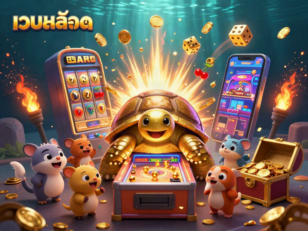 Play เว็บสล็อต with a golden tortoise pinball machine surrounded by winning elements and excitement.