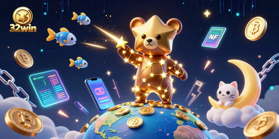 32win offers vibrant casino experiences with interactive 3D characters and glowing crypto elements.