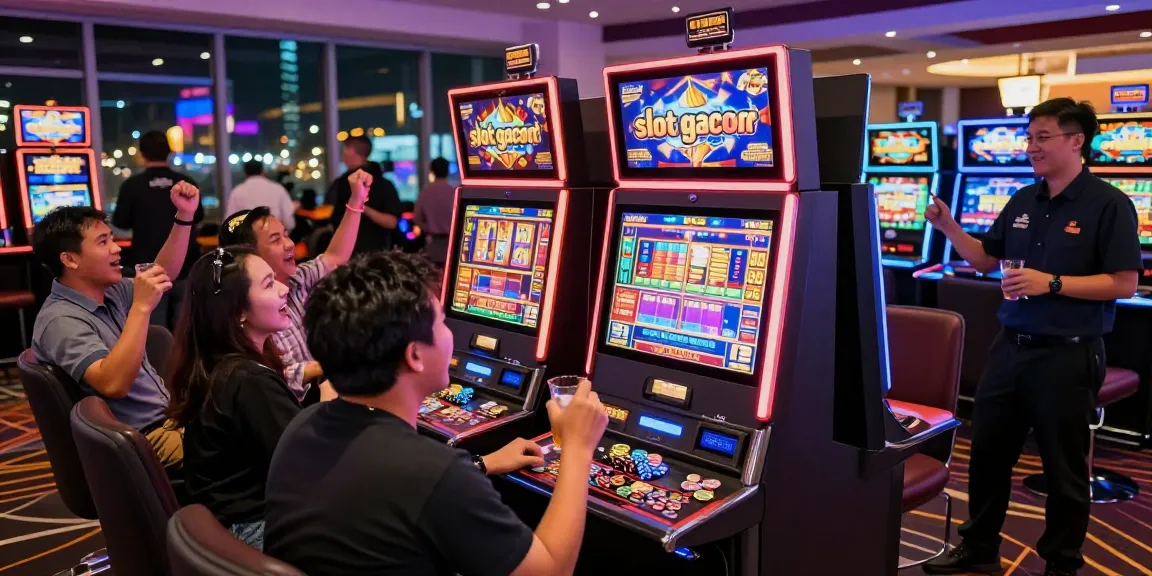 Engaged players celebrating wins on the slot gacor 4d machine in a lively casino gaming hall.