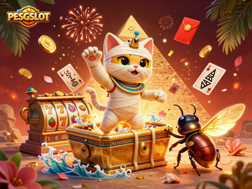 PESGSLOT showcases a dynamic pyramid casino scene with a mummy cat, scarab, and vibrant slot machines.