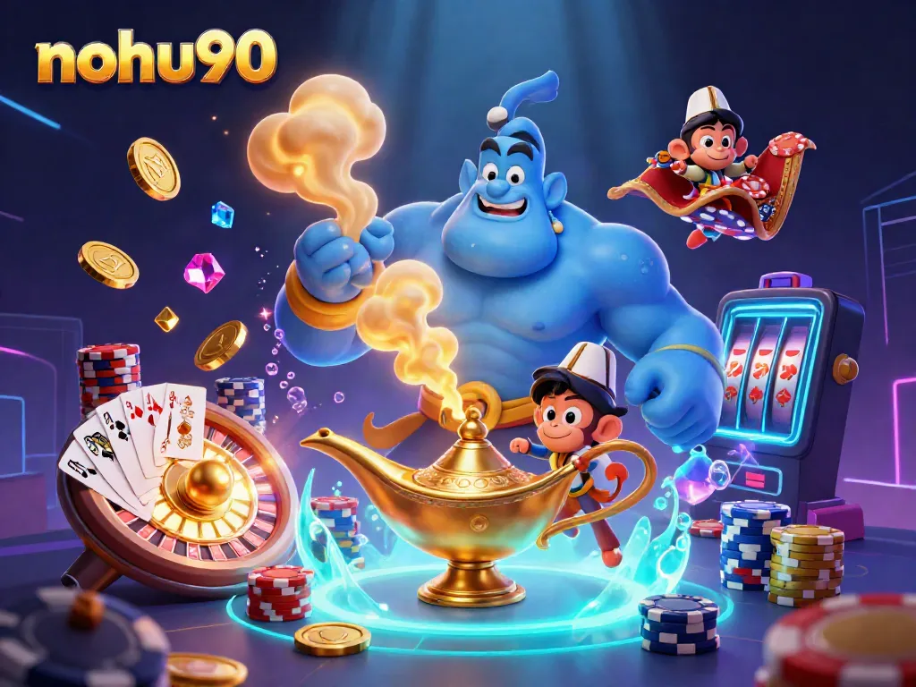Experience the excitement of nohu90 with a genie, poker chips, and golden treasures in this vibrant casino scene.