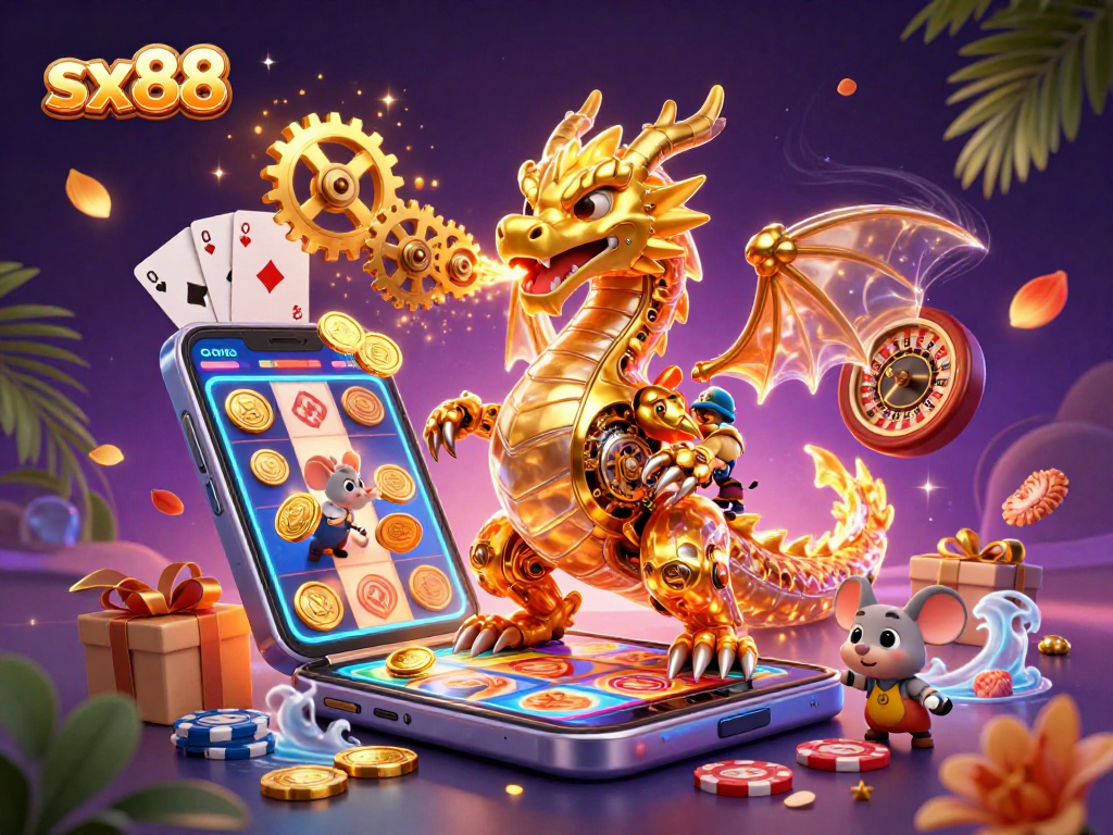 Experience thrilling gaming at sx88 with a breathtaking 3D rendering of a dragon amidst vibrant casino elements.