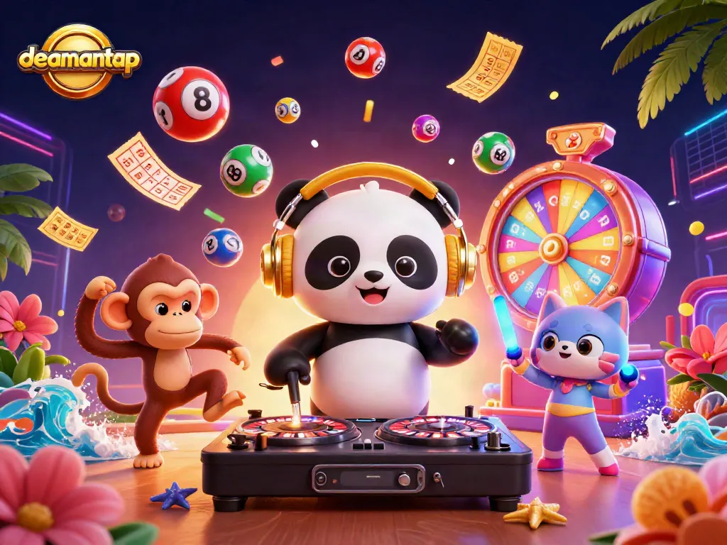 Join the fun with dealmantap as a DJ panda spins roulette wheels amidst vibrant casino elements.
