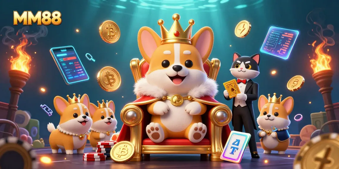 Engage with MM88's vibrant 3D casino scene featuring royal corgi royalty and crypto elements.