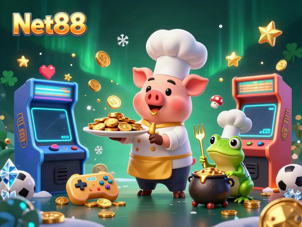 Engage with Net88's exciting offerings in a vibrant 3D casino scene filled with colorful gaming elements.