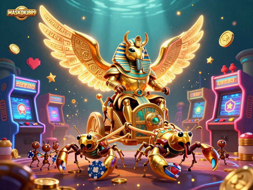 Engage with the vibrant scene featuring MASKOKI889 and thrilling casino action with digital gaming elements.