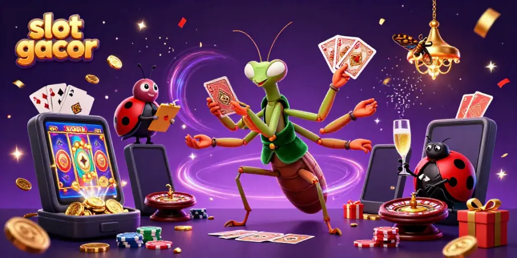 Experience slot gacor excitement with a vibrant gaming scene featuring a giant mantis dealing cards and coins.