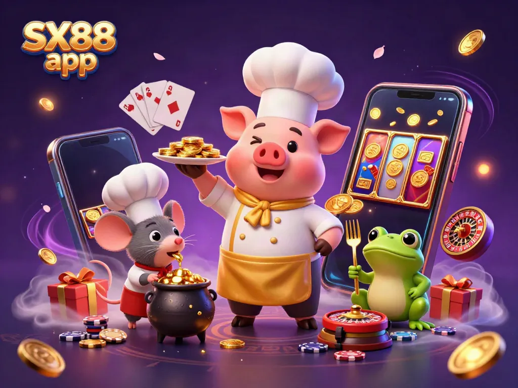 Experience lively gameplay with SX88 app, featuring golden coins, a chef, and dynamic gaming elements.