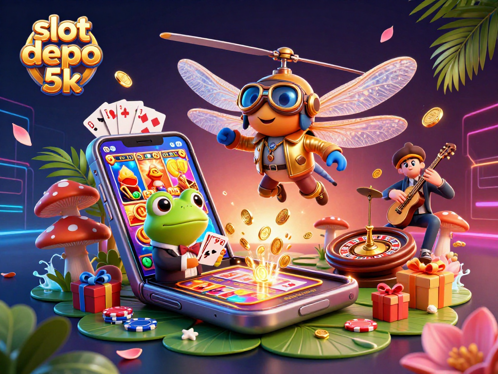 Experience thrilling gameplay with slot depo 5k, featuring a dragonfly pilot above a lily pad casino.