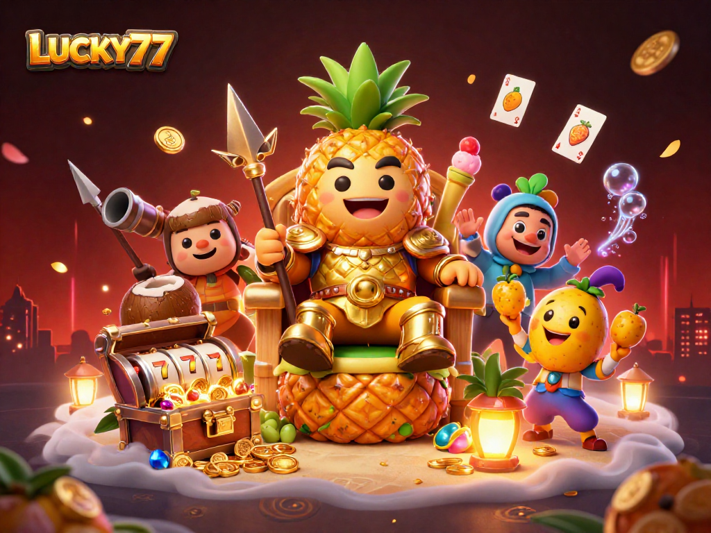 Enjoy the thrill of LUCKY77 in a vibrant 3D casino scene with energy-filled characters.