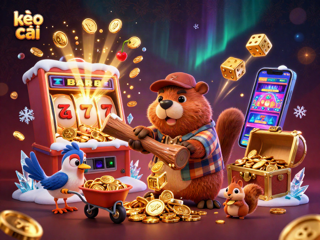 Kèo nhà cái illustration with a beaver and bird collecting gold coins in a vibrant casino scene.