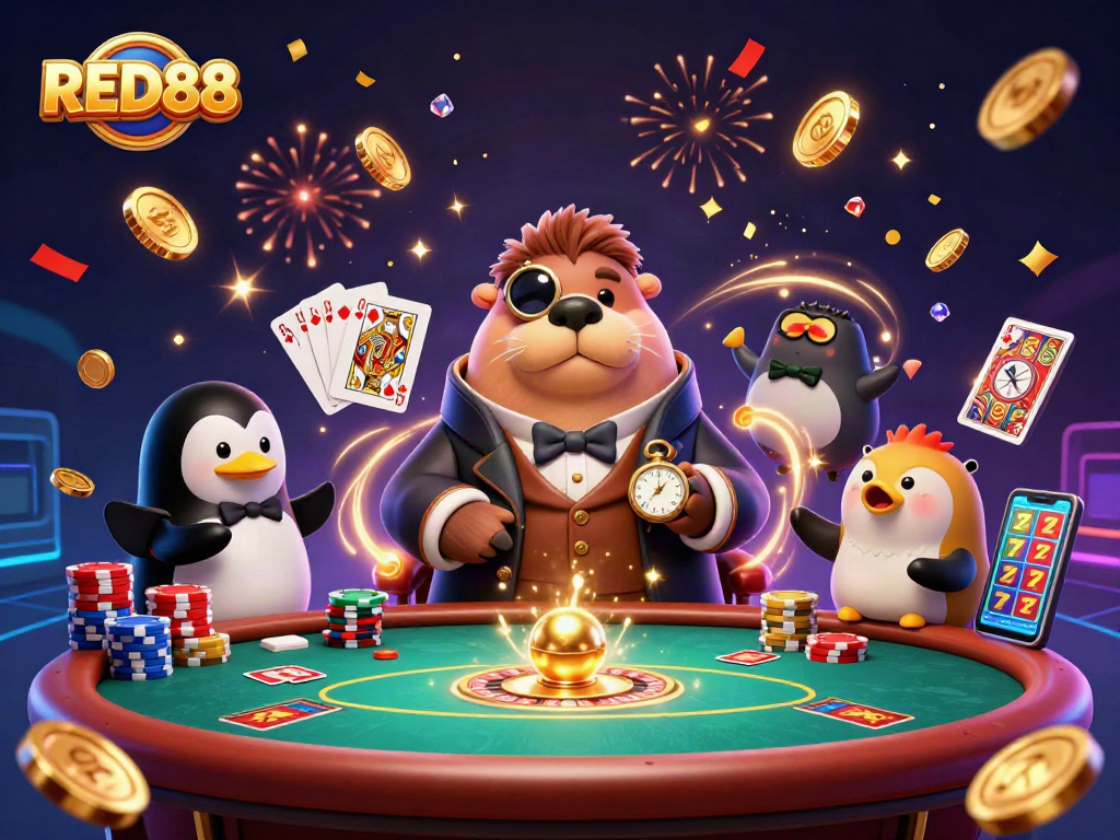 Experience the thrill of gaming with RED88 featuring a jolly walrus at an underwater poker table.