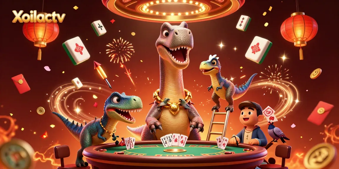 Xoilactv showcases a vibrant 3D scene with dinosaurs engaging in lively poker action.