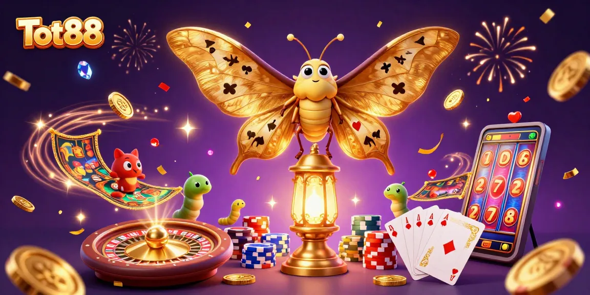 Experience excitement with Tot88, showcasing vibrant casino scenes and lucky symbols in a colorful 3D illustration.