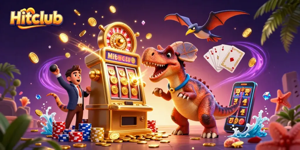Hitclub features exciting jackpot action with a pachycephalosaurus at a golden slot machine, surrounded by vibrant casino elements.
