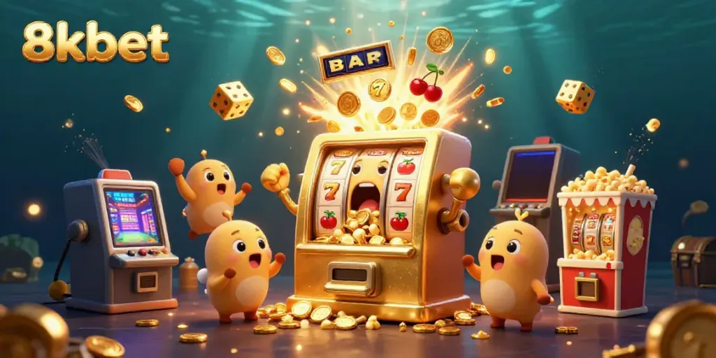 Experience the excitement of 8kbet as golden slot machines celebrate a jackpot victory in a vibrant scene.