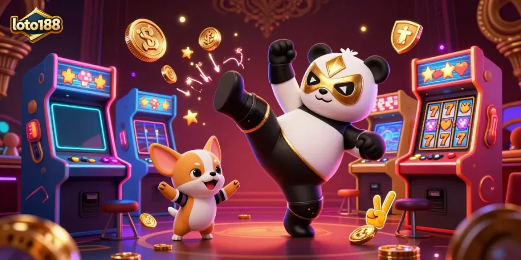 Experience thrilling action at loto188 with a panda wrestler and animal crowd in a vibrant casino scene.