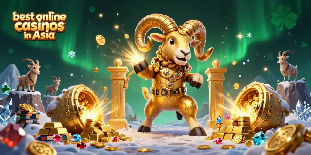Engaging 3D illustration showcasing the best online casinos in Asia with golden treasures and lively casino elements.