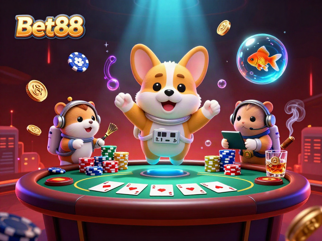 Bet88 casino illustration with a corgi astronaut, poker elements, and colorful chips floating.