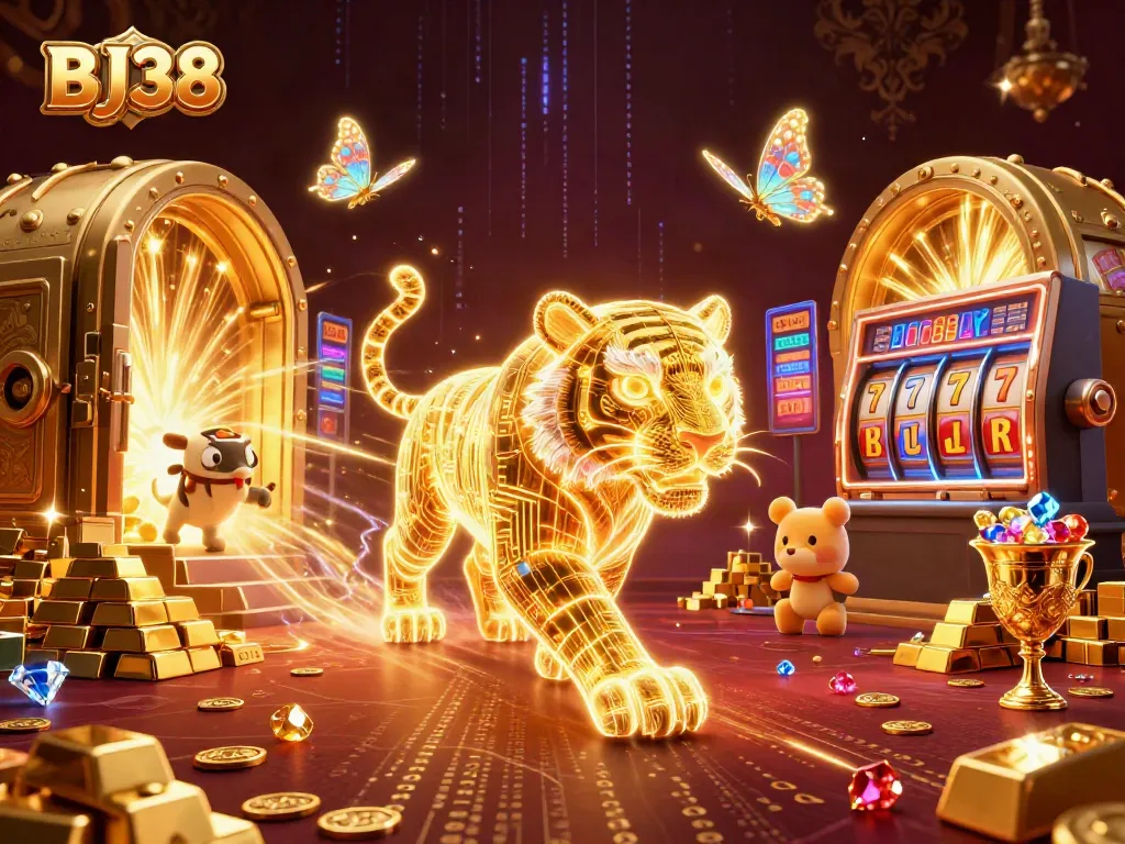 Engaging BJ38 casino scene featuring a cosmic golden tiger and vibrant slot elements.