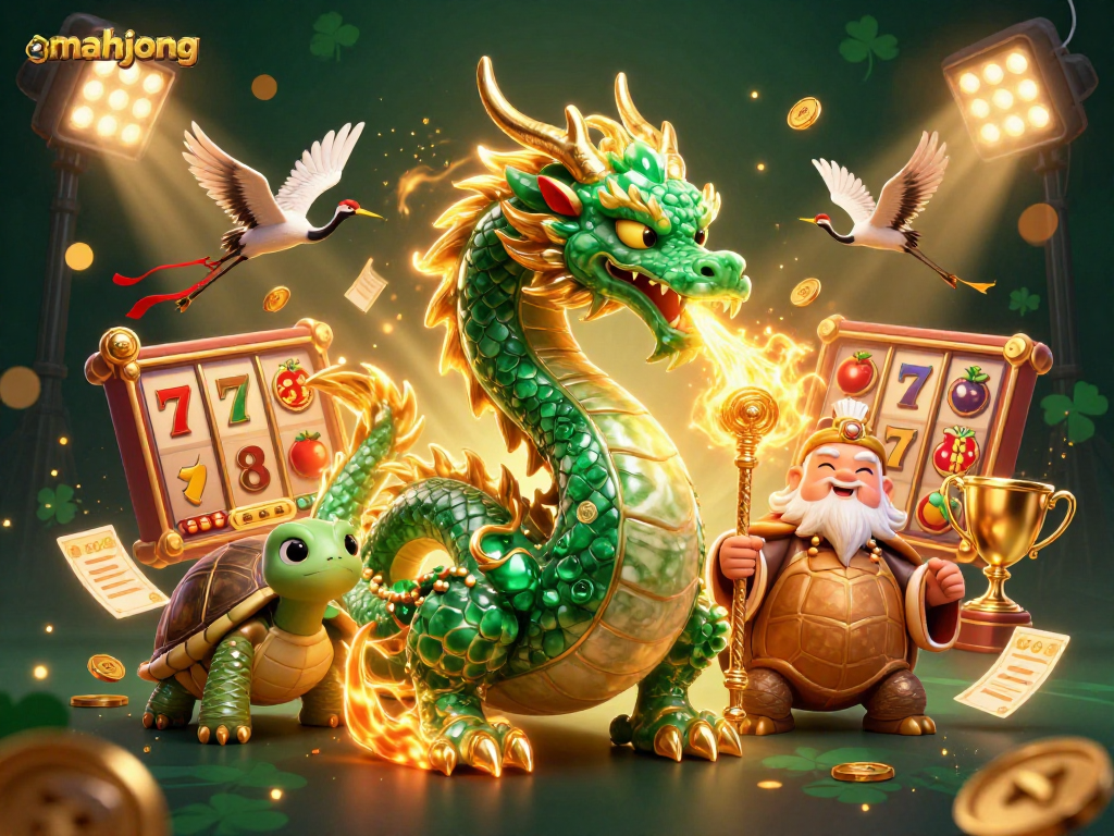 Spin the reels in the vibrant mahjong scene featuring a jade dragon and lucky cranes.