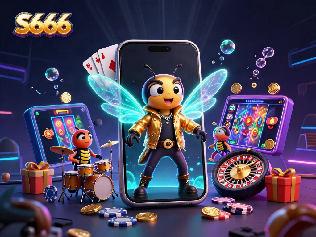 S666 captivates with a vibrant casino scene featuring animated characters amidst spinning slot games and flying coins.