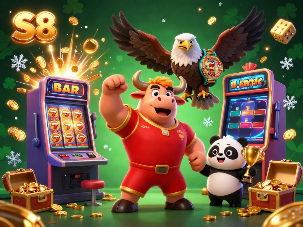 S8 unleashes excitement with a victorious bull, eagle, and panda surrounded by vibrant casino elements.